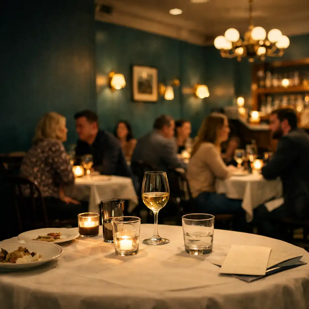 Wieczorna atmosfera stylowego bistro z dorosłymi gośćmi przy stolikach