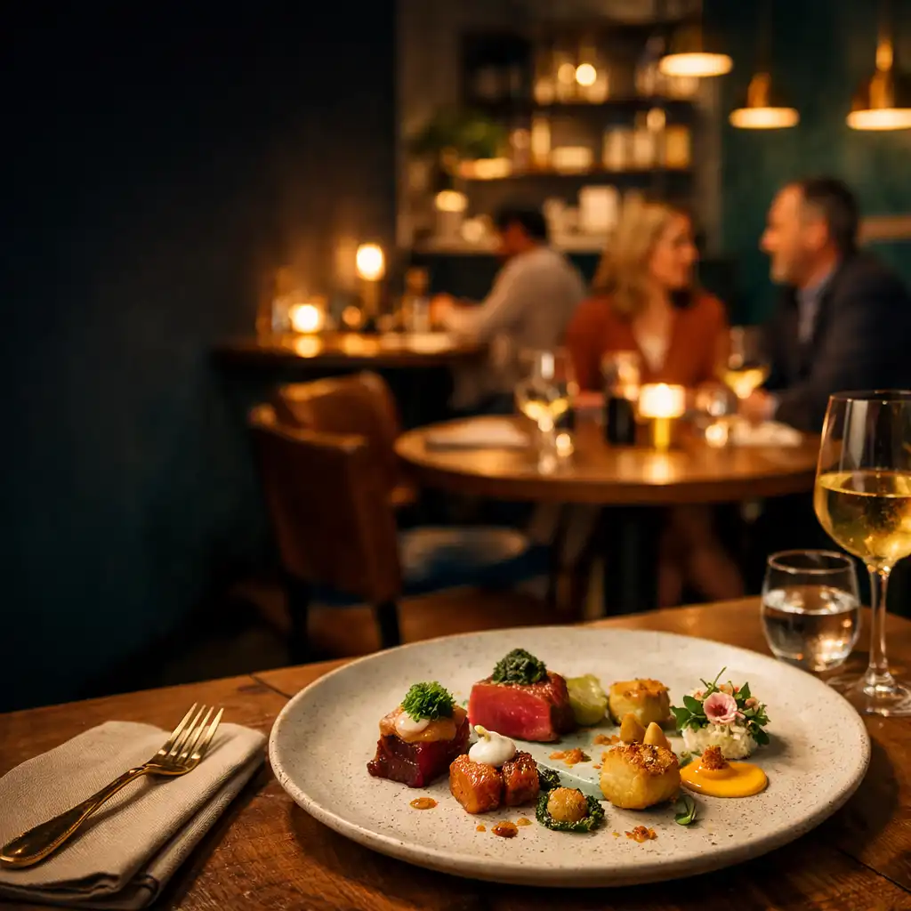 Nowoczesny talerz na stole w ciepłym wnętrzu miejskiego bistro