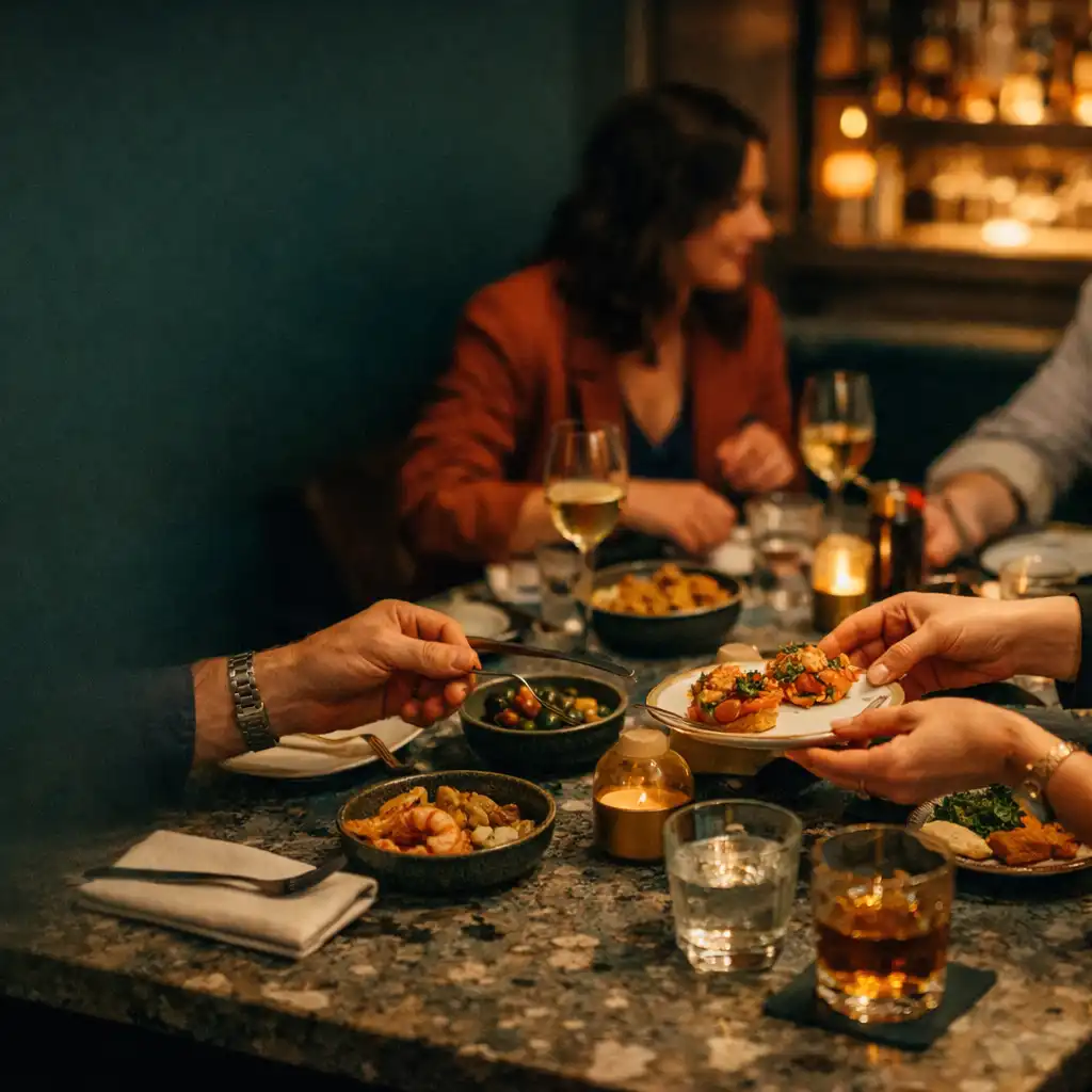 Dorośli goście dzielą się małymi talerzykami przy stole w miejskim bistro