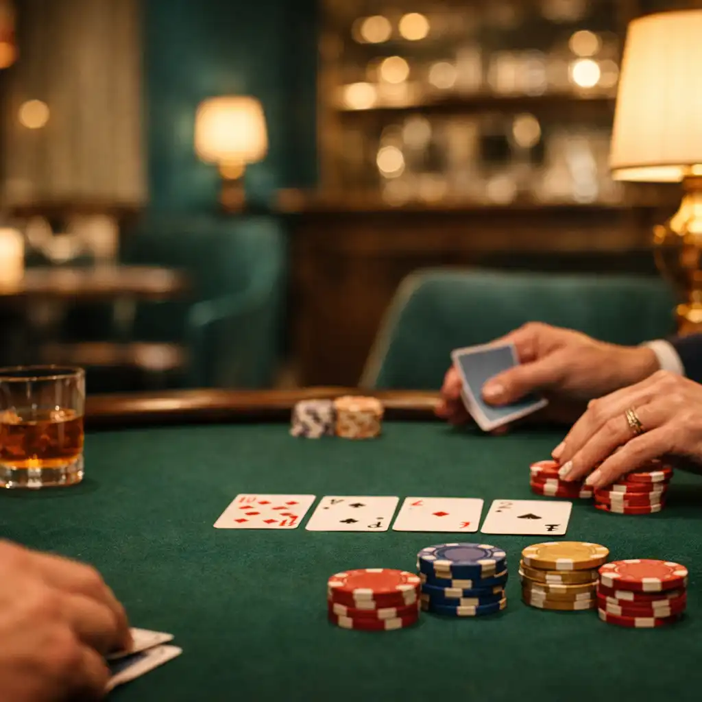 Dłonie dorosłych gości przy fizycznym stole pokerowym z symbolicznymi żetonami