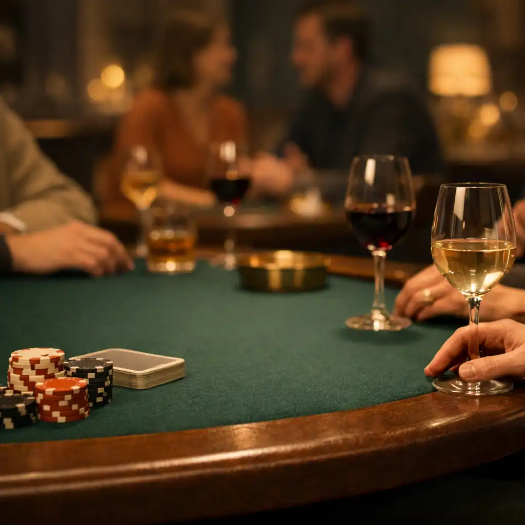 Kameralny stół podczas offline'owego wieczoru pokerowego w bistro