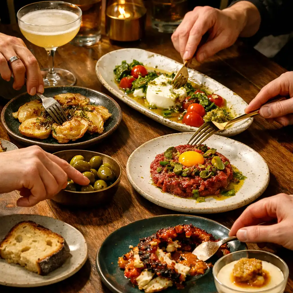 Dłonie gości sięgające po sharing plates przy wspólnym stole