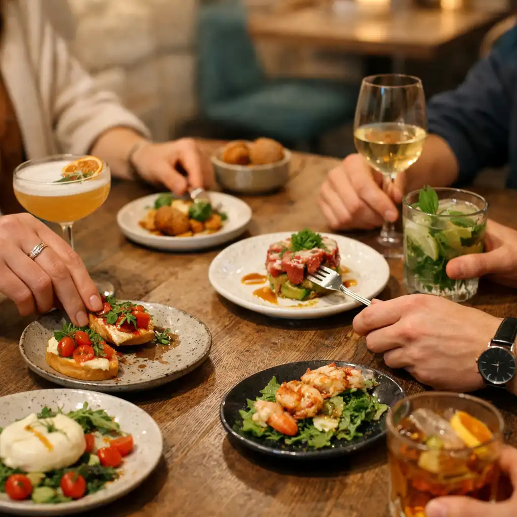 Dłonie dorosłych gości sięgające po sharing plates i koktajle przy wspólnym stole